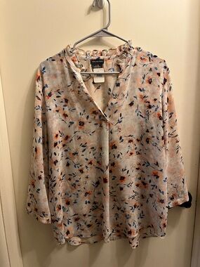 Van Heusen Cream Floral V-Neck Ruffle Blouse